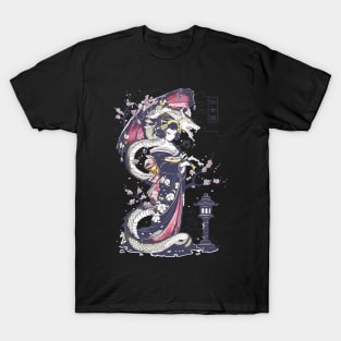 Japanese Girl With Dragon and Cats T-Shirt 01 T-Shirt